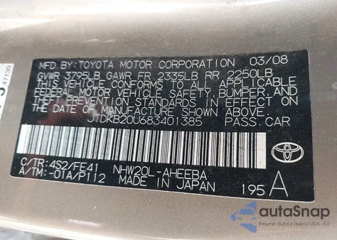2008 Toyota Prius from USA, damaged, VIN JTDKB20U683401385